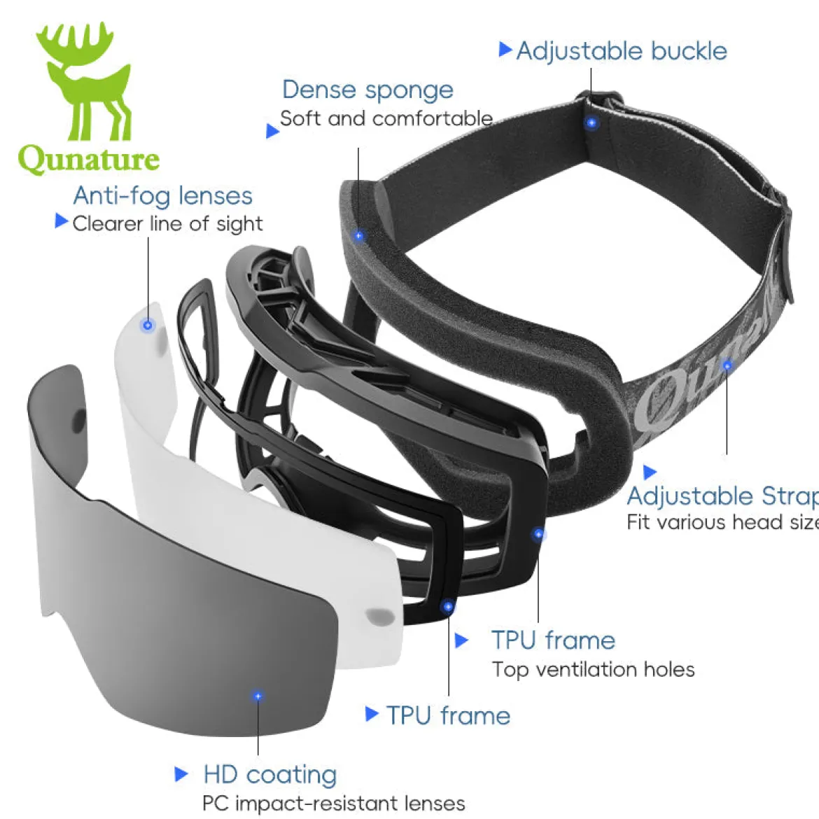 Qunature Frameless Anti-Fog Ski Goggles with UV Protection and Wide View