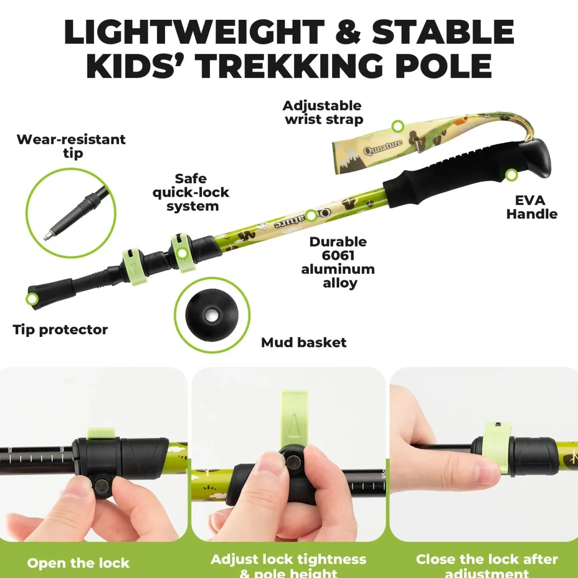 Qunature Kids Aluminum Trekking Pole with Adjustable Height
