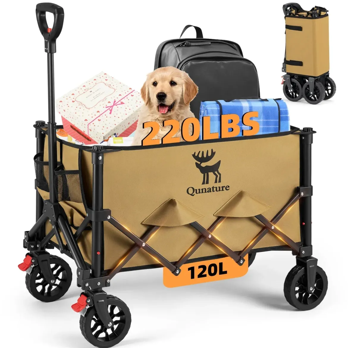 Qunature 220lbs Foldable Utility Wagon Cart with 360° Swivel Wheels