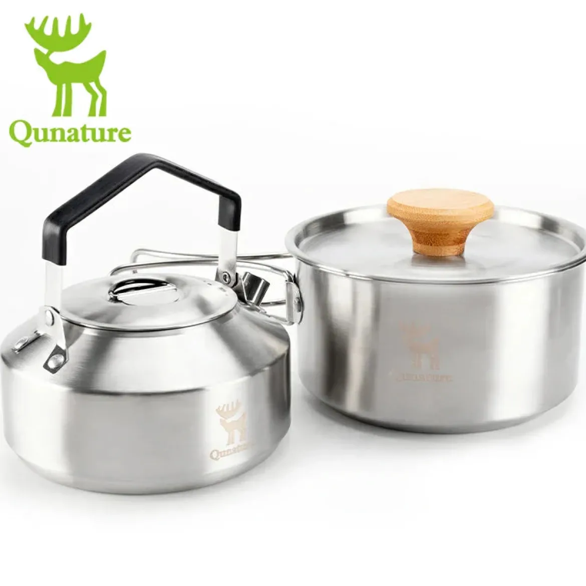 Qunature Stainless Steel Tea Set with Foldable Pot and Kettle for Outdoor Adventures