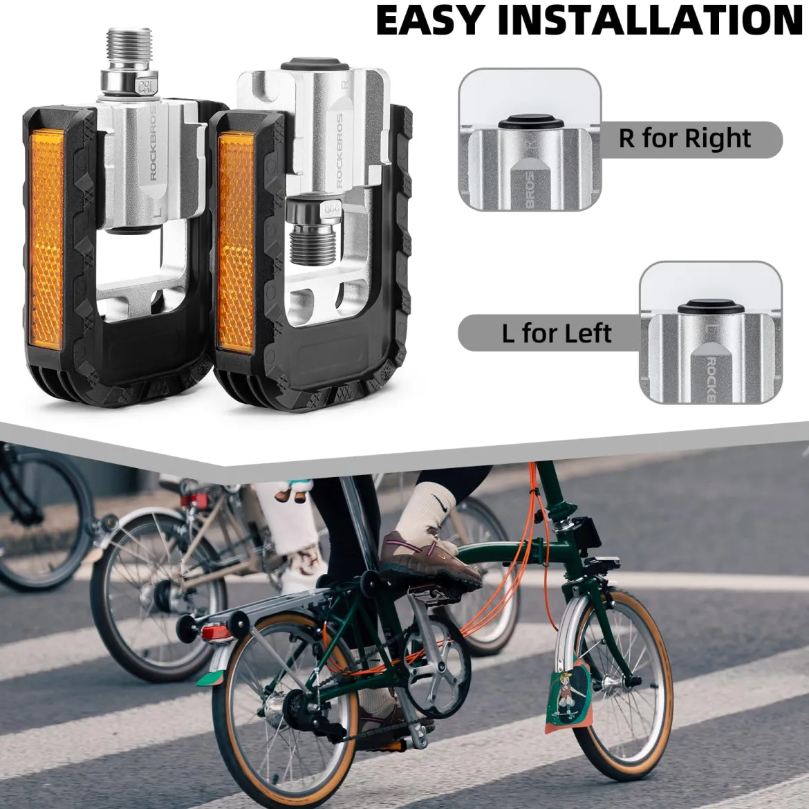 ROCKBROS Aluminum Alloy Foldable Bike Pedals 9/16 with Lightweight Reflective Strips Non-Slip