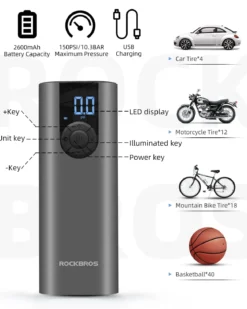 ROCKBROS A8 Mini Electric Air Bike Tire Pump 150PSl 2*2600mAh