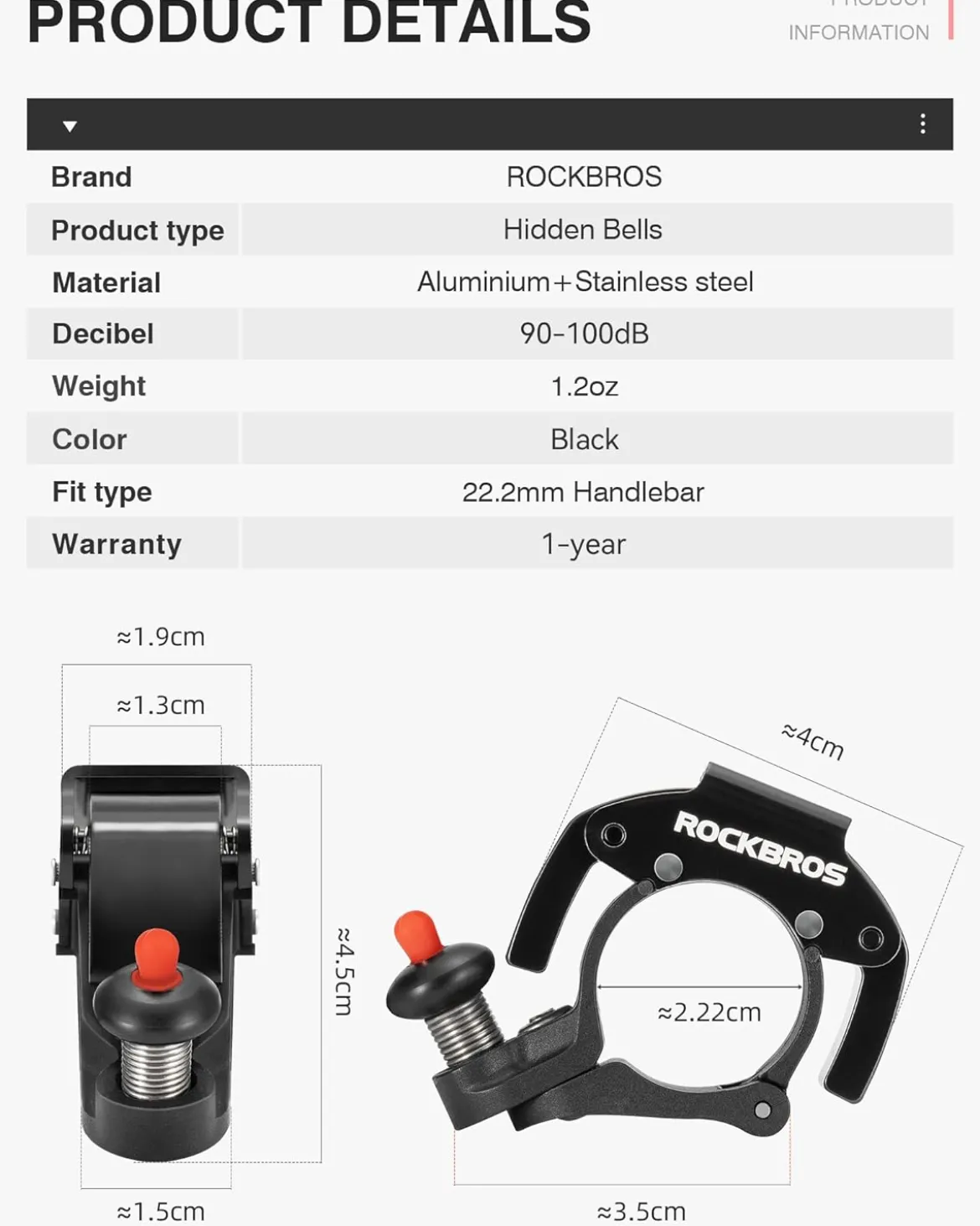 ROCKBROS Bike Bells Hidden for 22.2mm Handlebars More Than 100dB