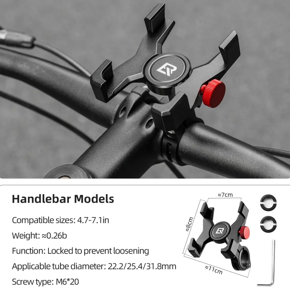 ROCKBROS Bike Phone Holder, Aluminum Handlebar Mount for 4.7-7.1" Phones