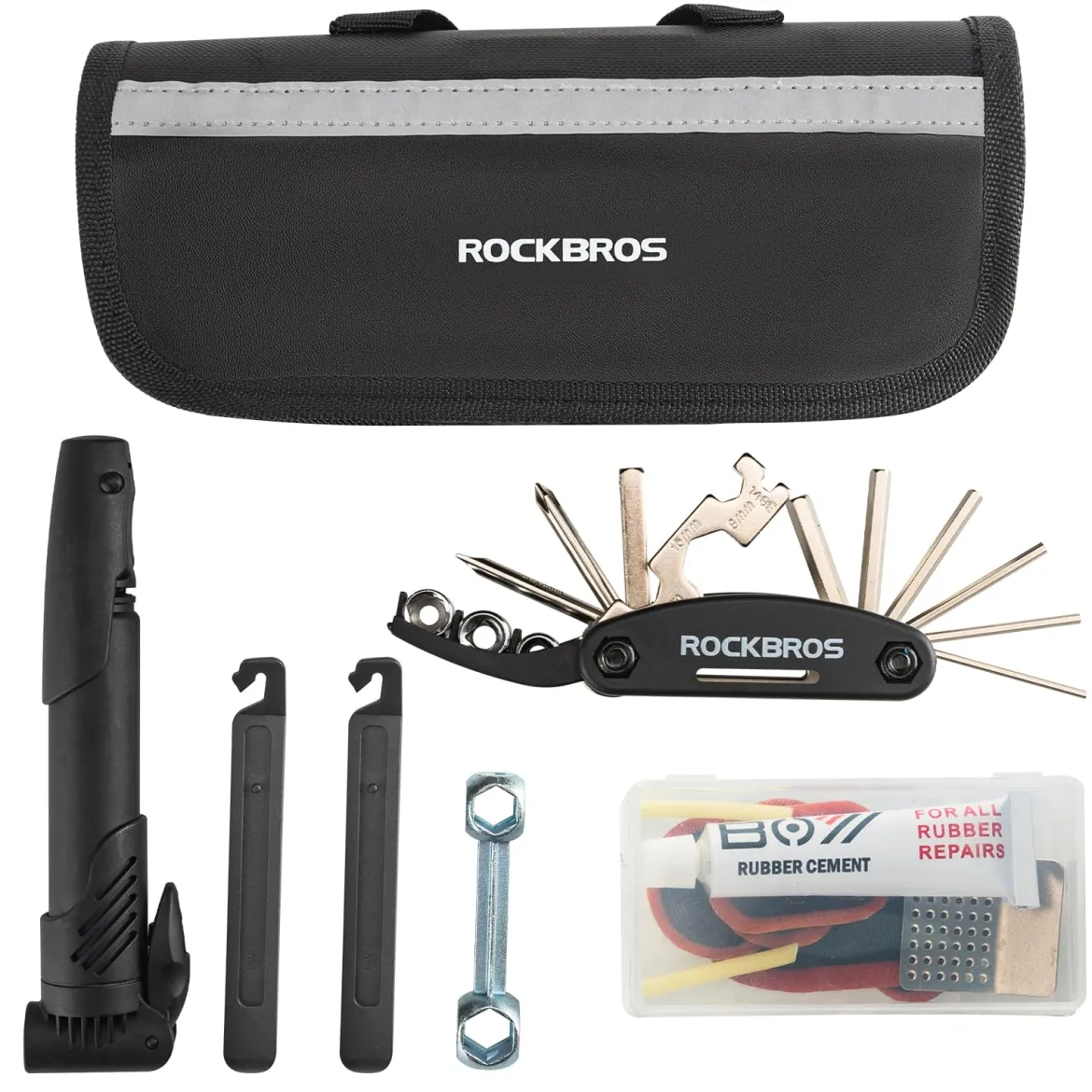 ROCKBROS Bike Tool Kit with Tire Pump, Multi-Function Tool, Patches, Portable Repair Bag