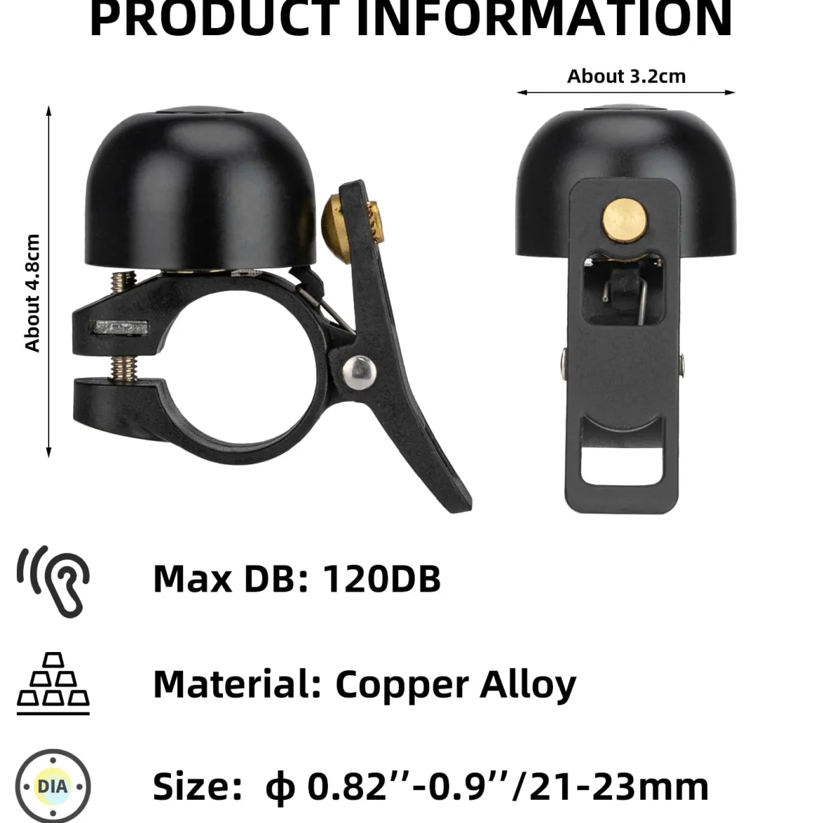 ROCKBROS Copper Alloy Bike Bell, Loud Classic Ring, Fits 21-23mm Handlebars for Adults
