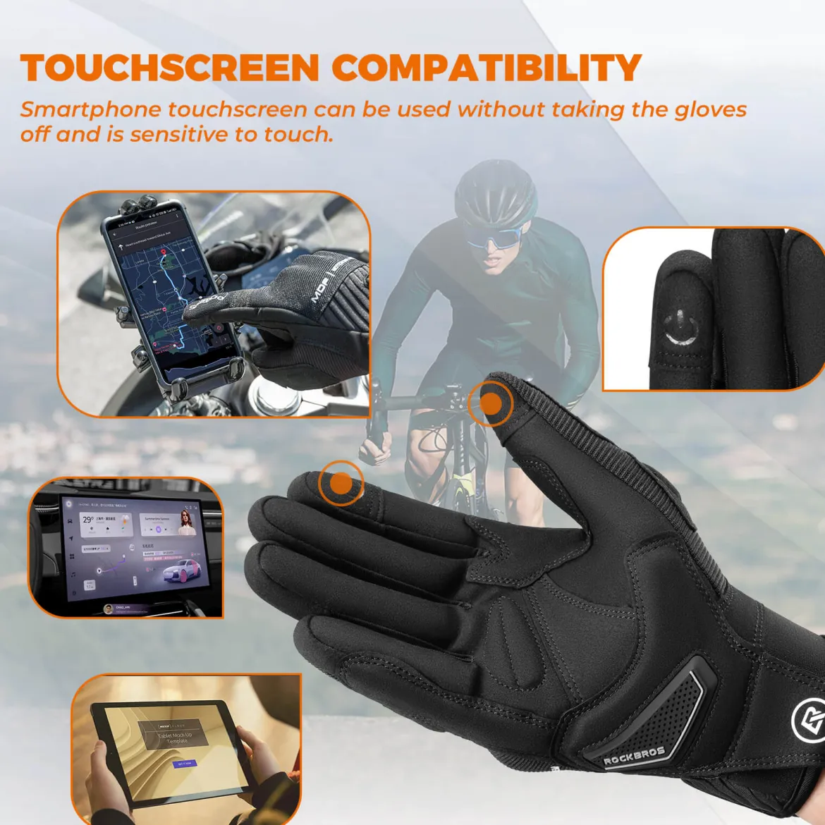 ROCKBROS Full Finger Cycling Gloves Touchscreen Breathable Flexible Padded
