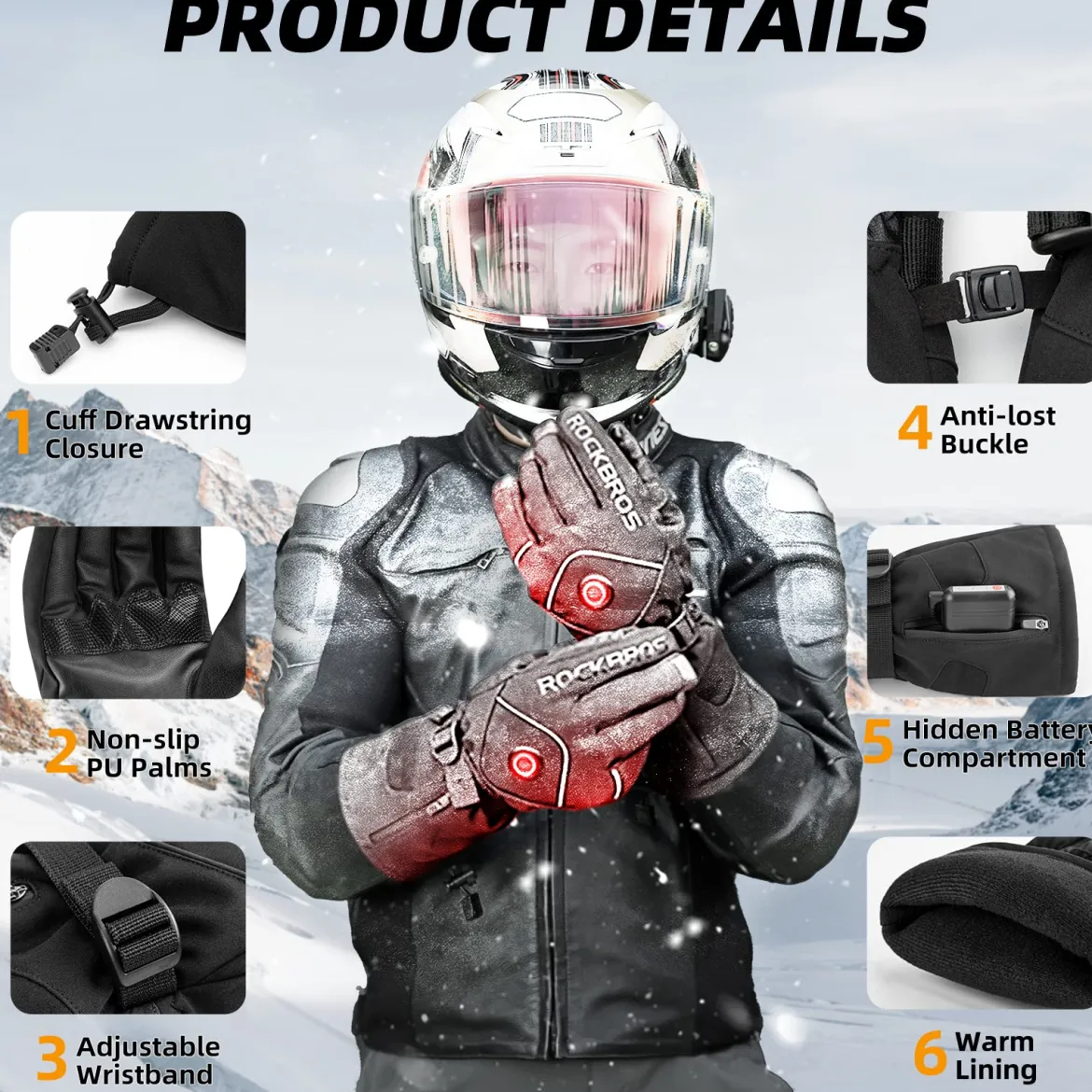 ROCKBROS Heated Gloves, Rechargeable Winter Touchscreen Gloves for Cycling, Skiing, Motorcycling