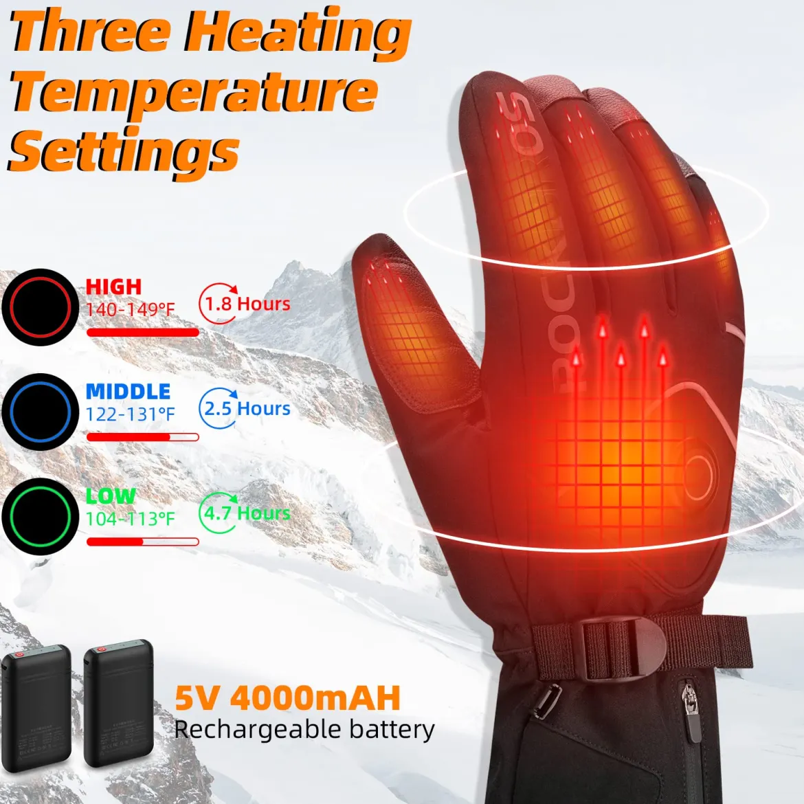 ROCKBROS Heated Gloves, Rechargeable Winter Touchscreen Gloves for Cycling, Skiing, Motorcycling