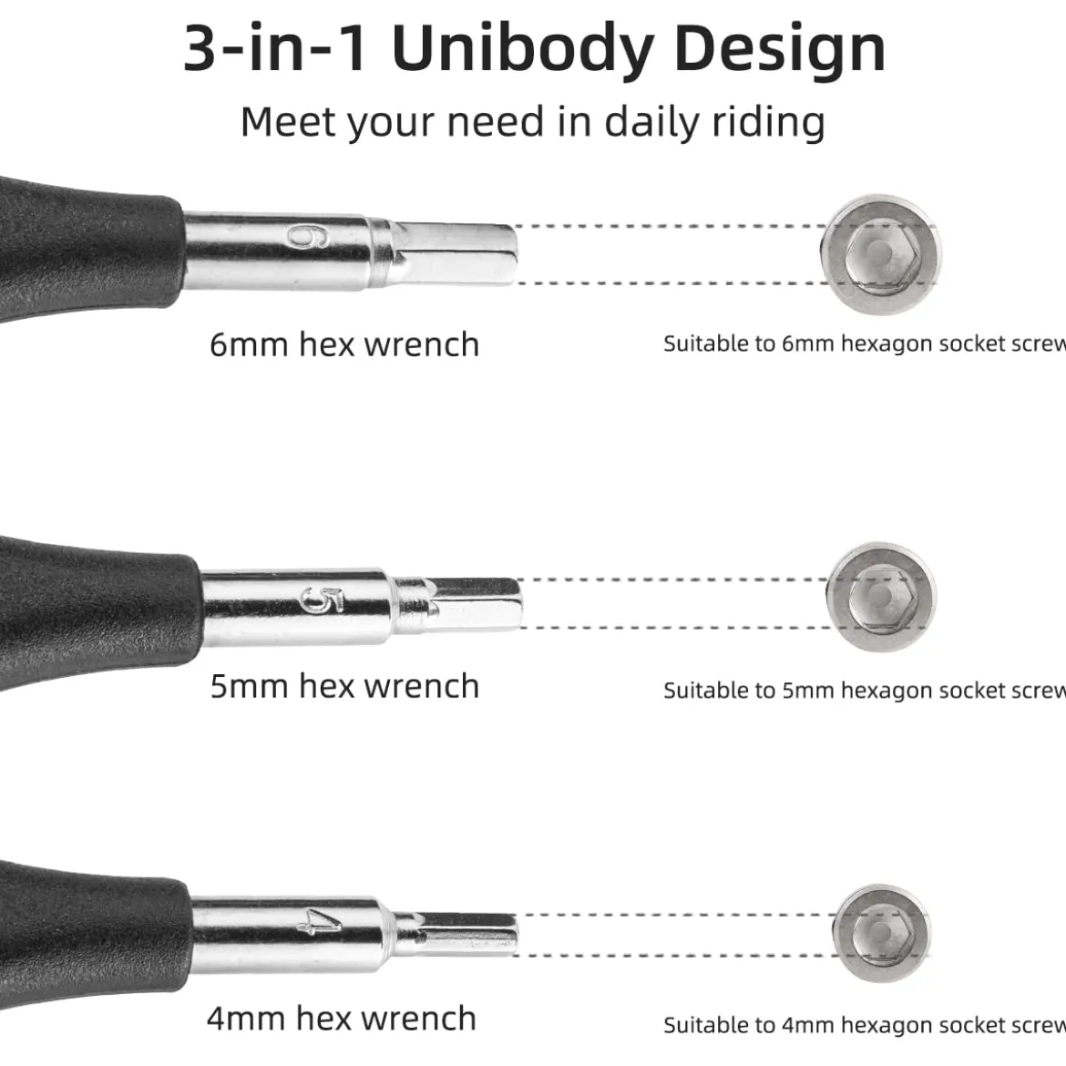 ROCKBROS 3-in-1 Allen Hex Wrench Set, 4/5/6mm Sizes, Black Silver, Steel and PVC