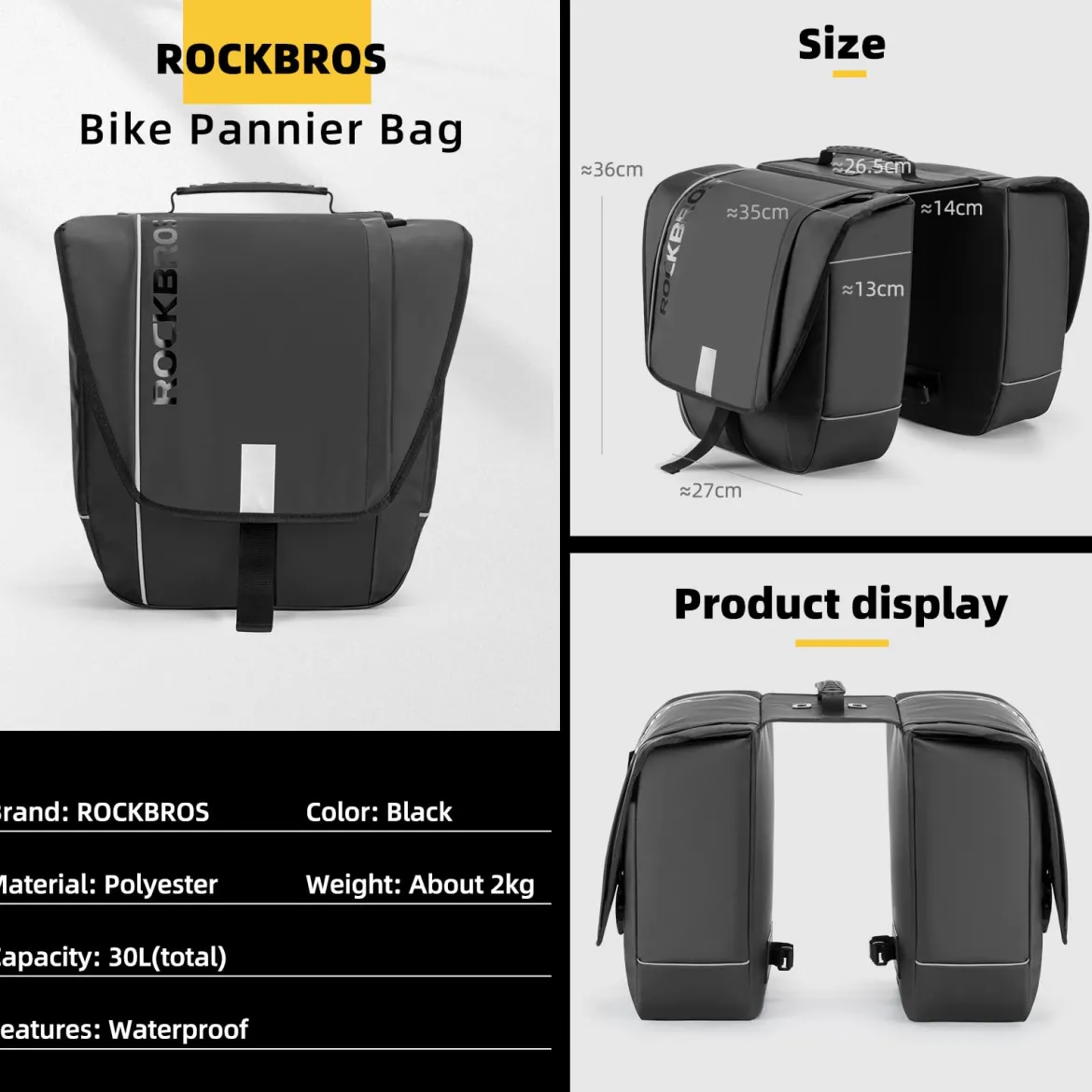 ROCKBROS 30L Bike Rear Rack Panniers Bags for Bicycles Waterproof