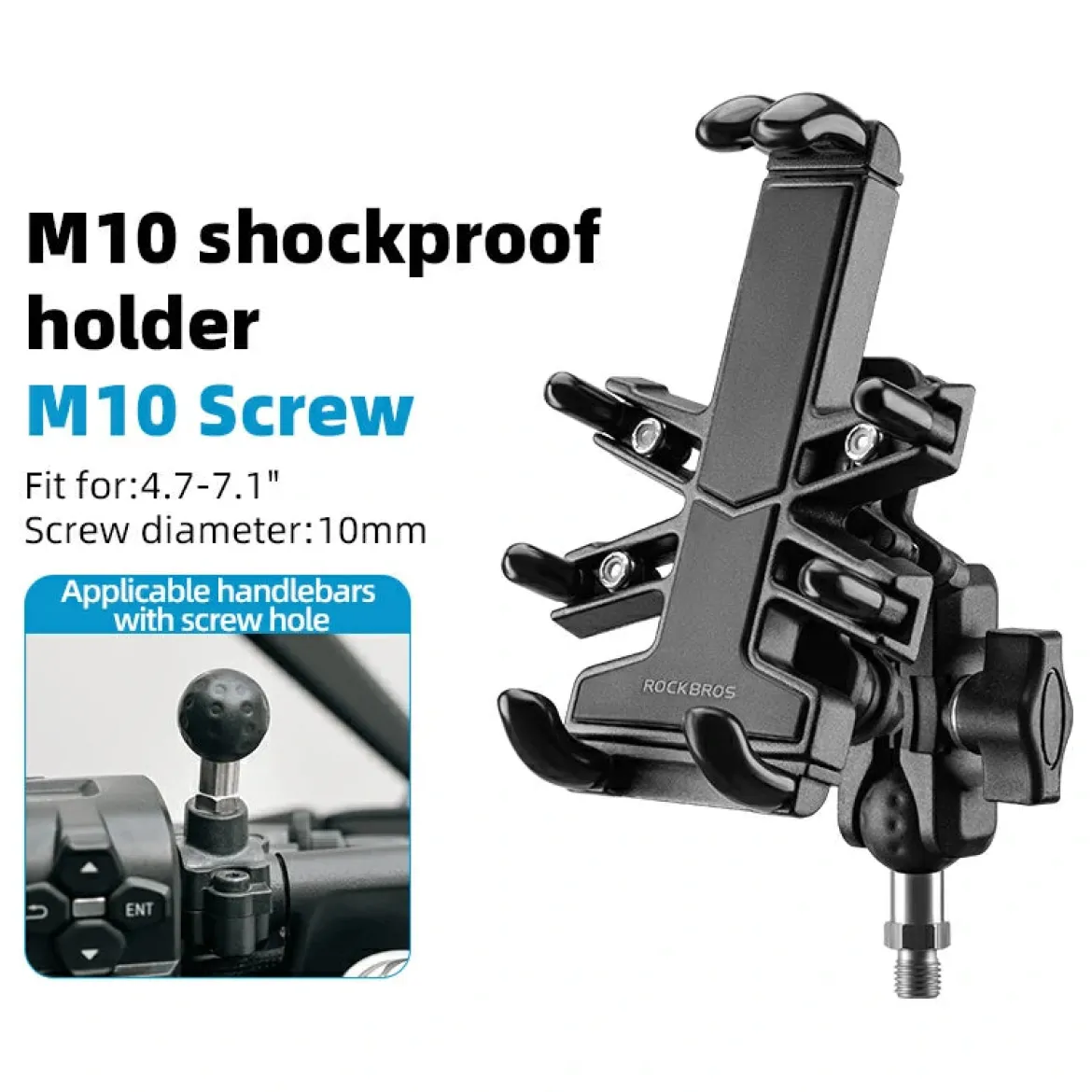 ROCKBROS Motorcycle ATV Adjustable Phone Holder with Vibration Dampener for 4.7-7.1" Phones