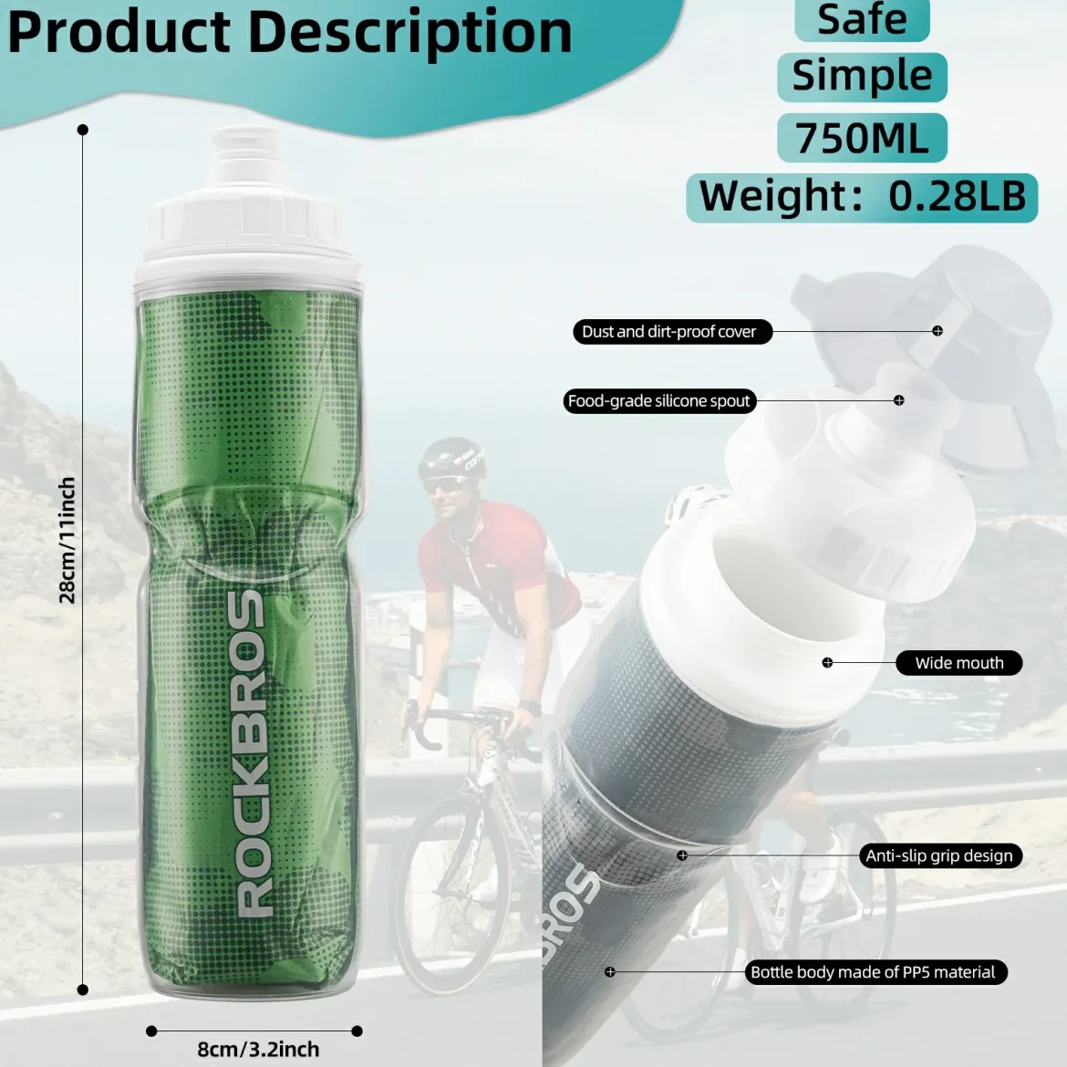 ROCKBROS 24OZ Insulated Bike Water Bottle