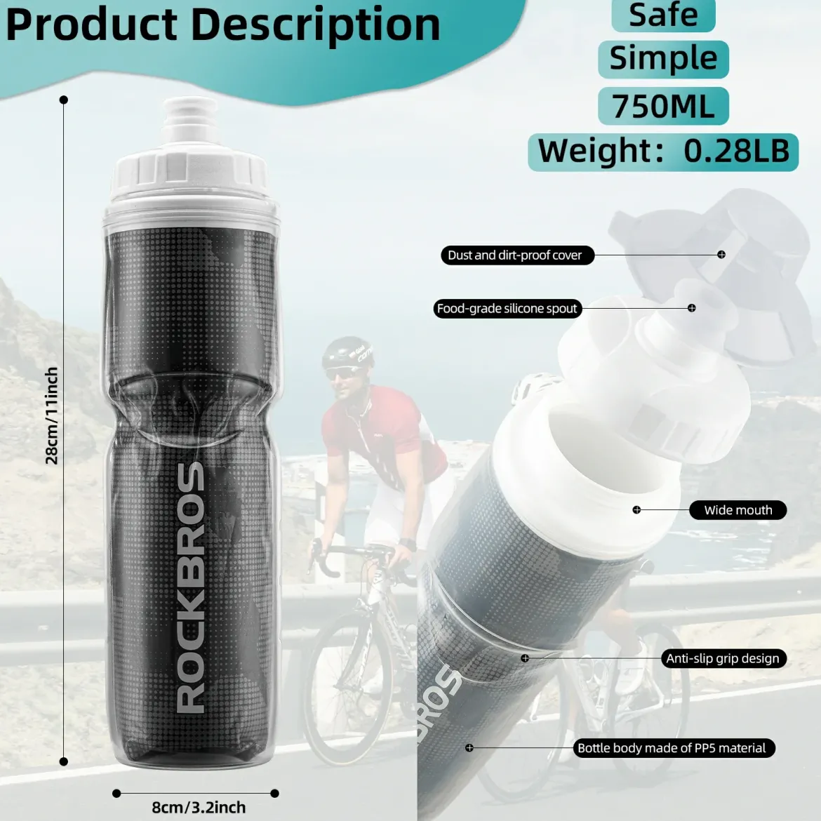 ROCKBROS 24OZ Insulated Bike Water Bottle