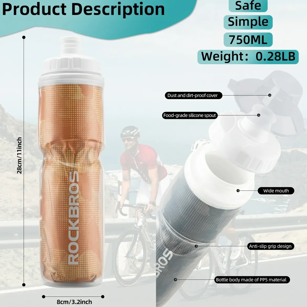 ROCKBROS 24OZ Insulated Bike Water Bottle