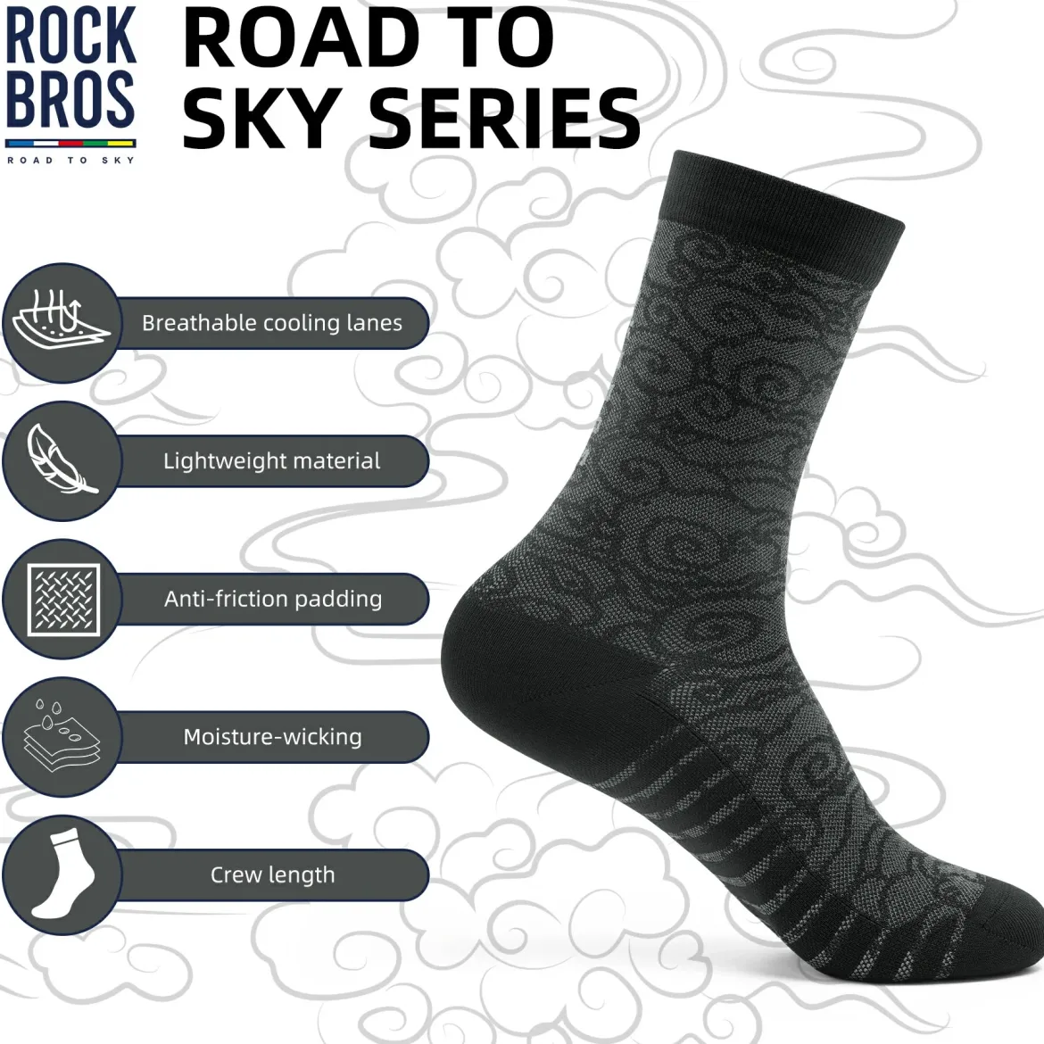 ROCKBROS Road to Sky Bike Socks Breathable Fabric Antibacterial Long Ride Cushioned