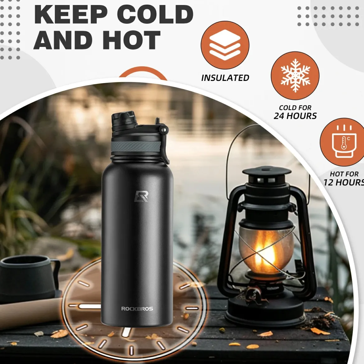 ROCKBROS Stainless Steel Insulated Water Bottle with Straw