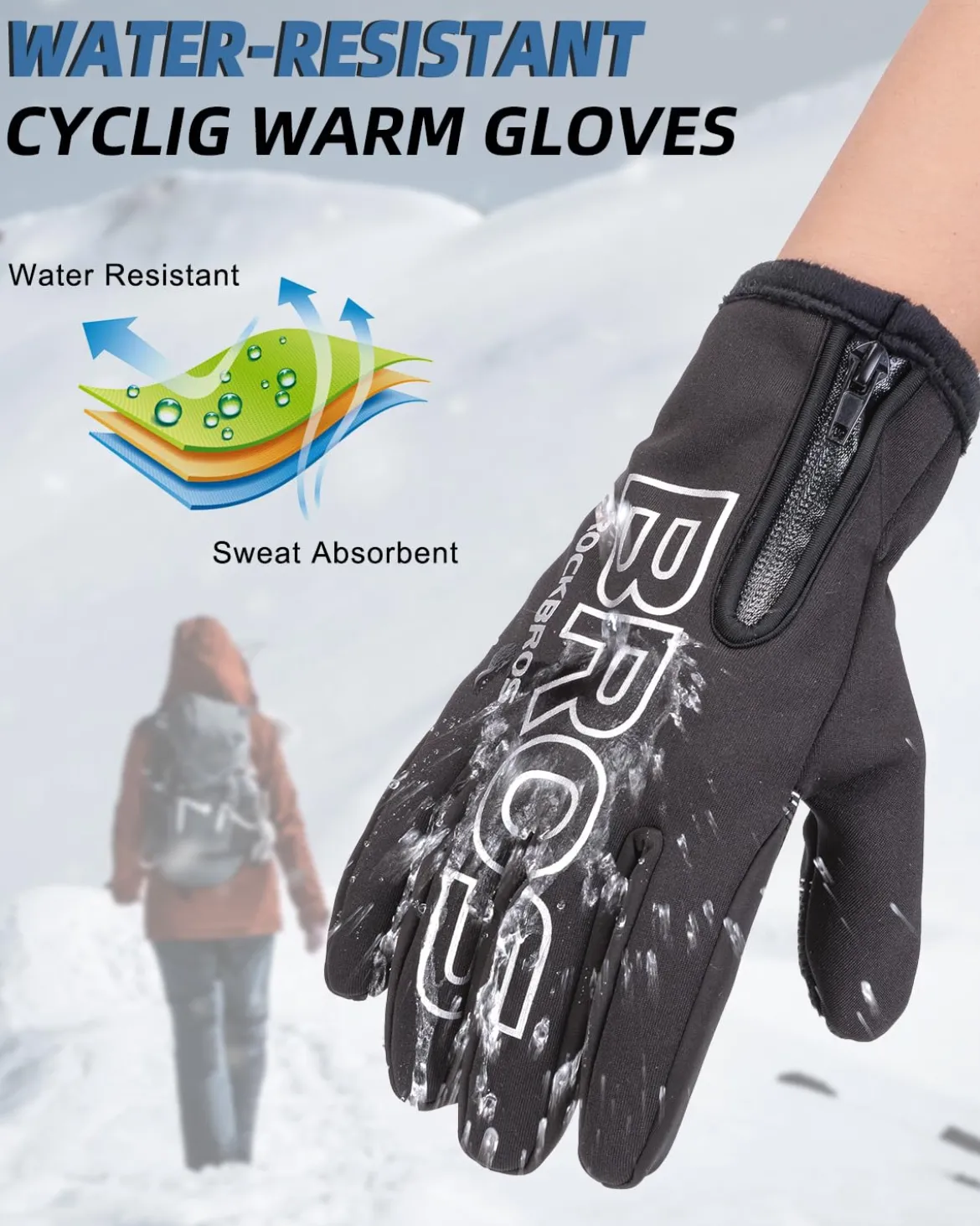 ROCKBROS Winter Cycling Gloves, Water-Resistant, Touch Screen, Anti-Slip Full Finger Gloves