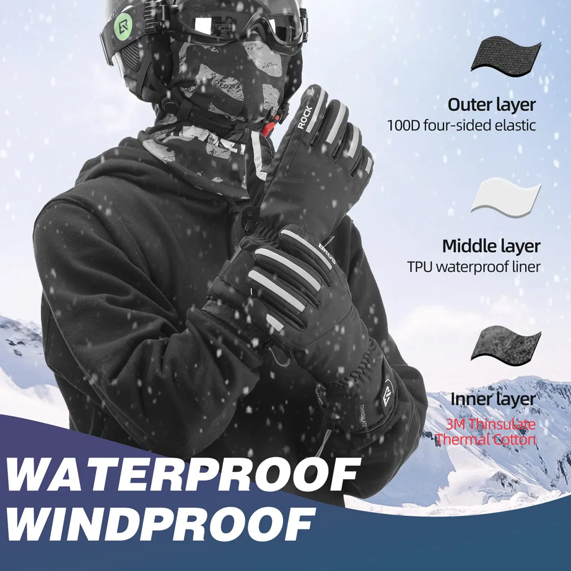 ROCKBROS Winter Ski Gloves Waterproof 3M Thinsulate Touch Screen Thermal Gloves for Men Women
