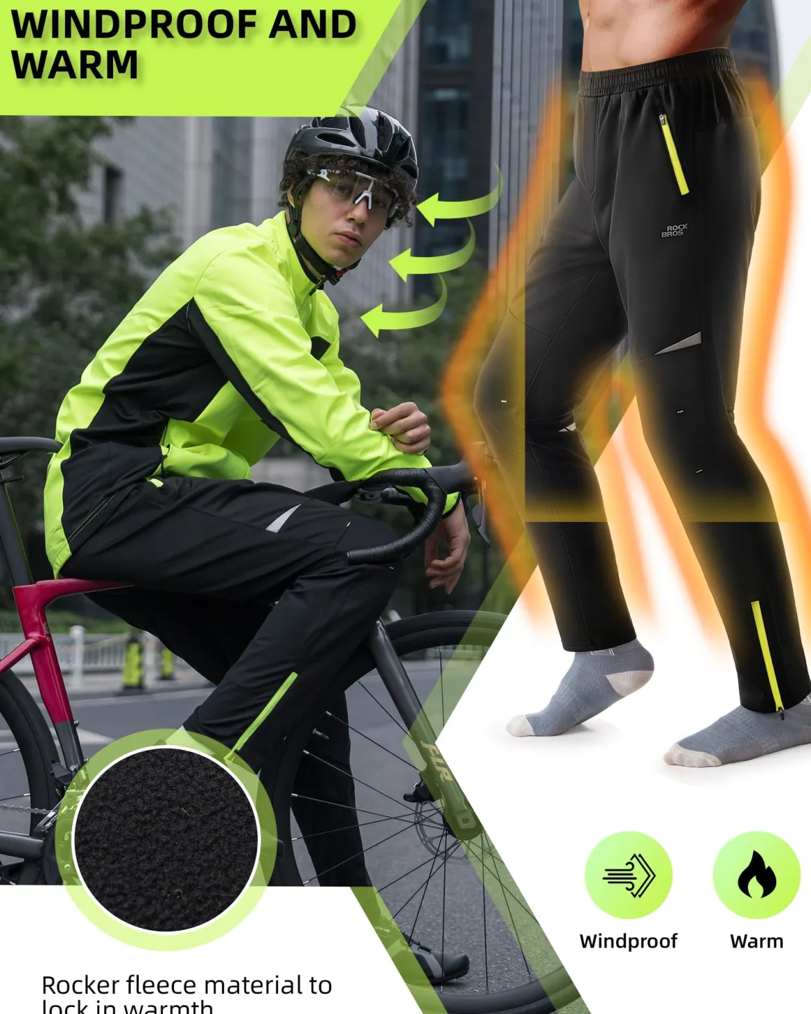 ROCKBROS Winter Thermal Tights Windproof Bike Cycling Pants for Running Outdoor Hiking Gear